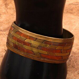 Vintage Chevron Weave Brass & Copper Wide Cuff 7.5" With .5" Gap